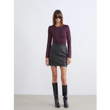 LC Waikiki Soulife Siyah Beli Fermuarlı Deri Görünümlü Mini Etek