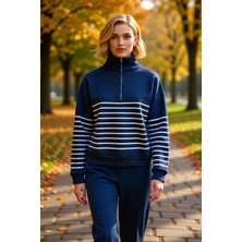 Benerly Kadın Dik Yaka Düşük Kol Fermuarlı Çizgili Oversize Kalın Örme Sweatshirt Fonksiyonel Spor