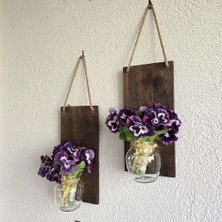 LED Işıklı, Mor Menekşe Çiçekli Duvar Dekoru Ceviz Ikili Set