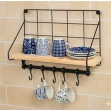 Kamptek Kamp Teknolojisi Ahşap Raf Metal Askılıklı Tasarım Kahve Köşesi Fonksiyonel Raf Mutfak Duvar Rafı