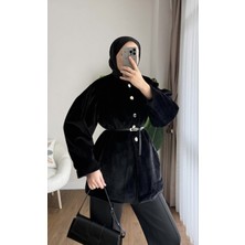 RFK Butik Kadın Düğme Detaylı Kemerli Yeni Sezon Tay Tüyü Ceket - Siyah