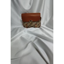 Leaf Accessory Desenli Tekstil ve Sunni Deri Kadın Çantası, Omuzda ve Elde Taşınabilir Fermuarlı Taba