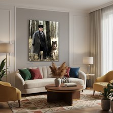 Tablonhazır Dikey Kanvas Tablo Salon Duvar Tablosu Atatürk ve Kurt Yeni Ev Hediyesi Ofis Tablosu