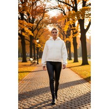 Benerly Kadın Kapüşonlu Düşük Kol Fermuarlı Peluş Kalın Örme Sweatshirt Fonksiyonel Dayanıklı Spor