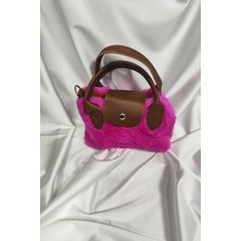Leaf Accessory Peluş Çanta, Fermuaralı, Elde ve Omuz Askılı, Pembe Kahvrengi Askılı