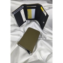 Leaf Accessory Mekanizmalı Kartlık Haki, 1. Sınıf Vinlex Deri Kaplamalı, Çıtçıt Kapaklı, Şeffaf Ehliyet ve Kimlik Koyma Gözlü, Rfıd Korumalı