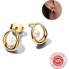 Hector Co Jewellery Gold Renk Gümüş Doğal Şekilli Oval ve Işlenmiş Tatlı Su Kültür Incisi Çivi Küpeler
