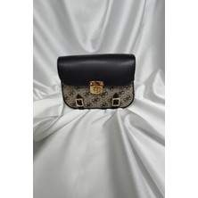 Leaf Accessory Desenli Tekstil ve Sunni Deri Kadın Çantası, Omuzda ve Elde Taşınabilir Fermuarlı Bej