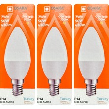 Avarson (3 adet) Osaka 7W (50W) Sarı Işık (3000K) E14 Duylu (Ince Duy) LED Mum Ampul