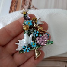Lente Aksesuar Beyaz Güvercin,pembe Kalpli Yeni Yıl Ağaç Broşu-Süslü Noel Yaka Iğnesi