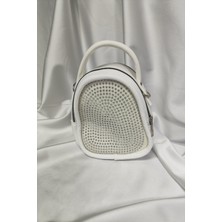 Leaf Accessory Taşlı Sunni Deri Kadın Çantası, Omuzda ve Elde Taşınabilir Fermuarlı Beyaz