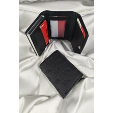 Leaf Accessory Mekanizmalı Unisex  Siyah Boss Desenli, 1. Sınıf Vinlex Deri Kaplamalı, Çıtçıt Kapaklı, Şeffaf Ehliyet ve Kimlik Koyma Gözlü, Rfıd Korumalı