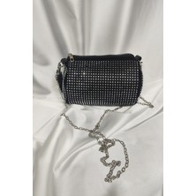 Leaf Accessory Taşlı Sunni Deri Kadın Çantası, Omuzda ve Elde Taşınabilir Fermuarlı Siyah Silindir