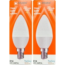 Avarson (2 adet) Osaka 7W (50W) Sarı Işık (3000K) E14 Duylu (Ince Duy) LED Mum Ampul