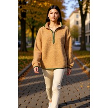 Benerly Kadın Dik Yaka Düşük Kol Peluş Örme Sweatshirt Fonksiyonel Dayanıklı Kaliteli Konforlu Şık
