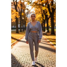 Benerly Kadın Kapüşonlu V Yaka Düşük Kol Uzun Kollu Crop Örme Sweatshirt Fonksiyonel Dayanıklı Şık