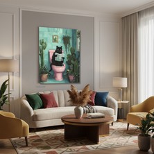 Tablonhazır Dikey Kanvas Tablo Salon Duvar Tablosu Siyah Kedi Pembe Klozet Yeni Ev Hediyesi Ofis Tablosu