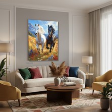 Tablonhazır Dikey Kanvas Tablo Salon Duvar Tablosu Siyah Beyaz Kosan Atlar Yeni Ev Hediyesi Ofis Tablosu
