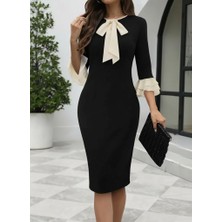 Moderie Butik Kadın Truvakar Kollu Fiyonk Yakalı Midi Ithal Krep Elbise