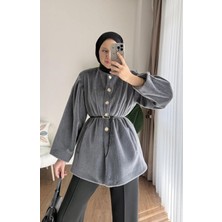 RFK Butik Kadın Düğme Detaylı Kemerli Yeni Sezon Tay Tüyü Ceket - Füme