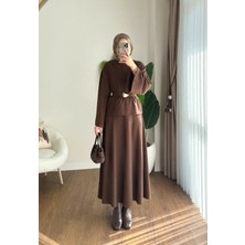 RFK Butik Kadın Selanik Kumaş Kemer Detaylı Etekli Takım - Kahverengi