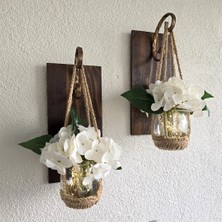 Duvar Dekoru, LED Işıklı, Beyaz Ortanca Çiçekli, Ceviz Aplik Ikili Set