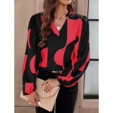 Moderie Butik Kadın Uzun Kollu V Yakalı Desenli Modal Bluz