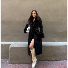 Adatto Bayan Siyah Yakası ve Kolları Kürklü Içi Astarlı Uzun Düğmeli Kuşaklı Kaşe Kaban