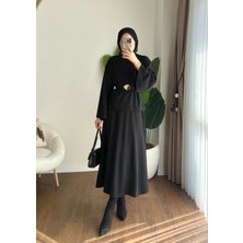 RFK Butik Kadın Selanik Kumaş Kemer Detaylı Etekli Takım - Siyah