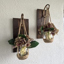 Duvar Dekoru, LED Işıklı, Yeşil Ortanca Çiçekli, Ceviz Aplik Ikili Set