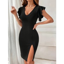 Moderie Butik Kadın Kısa Kollu V Yakalı Kolları Volanlı Yandan Yırtmaçlı Kısa Janjan Krep Elbise