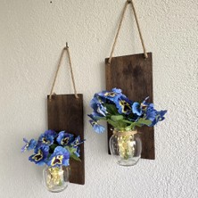 LED Işıklı, Mavi Menekşe Çiçekli Duvar Dekoru Ceviz Ikili Set