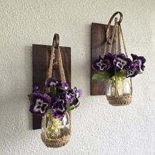 Duvar Dekoru, LED Işıklı, Mor Menekşe Çiçekli, Ceviz Aplik Ikili Set