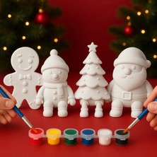 Printella 4'lü Yılbaşı Boyama Seti Noel Baba Kardan Adam Ağaç Kurabiye + 6 Renk Boya 2 Fırça