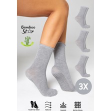 Bamboo Star Bambu Kaydırmaz Taban Silikon Baskı Umre Tavaf Umre Hamile Yoga Gri Lastiksiz Çorap 3'lü