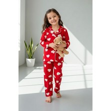 Miniğimin Cicileri Kalp Desenli Süet Kız Çocuk Pijama Takımı- Kırmızı
