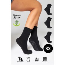 Bamboo Star Bambu Kaydırmaz Taban Silikon Baskı Umre Tavaf Umre Hamile Yoga Siyah Lastiksiz Çorap 3'lü