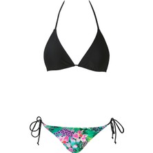Adel Kenarları Bağcıklı Desenli Slip-Düz Siyah Üçgen Üst Bikini Takımı
