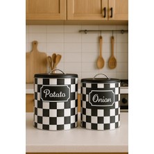 Decorev Siyah Beyaz Kare Desenli 2’li Metal Patates Soğan Saklama Kabı Seti DC-6422