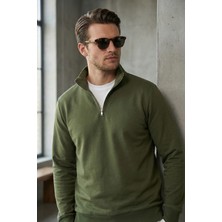Elemge pamuklu Erkek Sweatshirt Haki Soft Touch Relax Fit Yarım Fermuarlı Dik Yaka 3 Iplik Nefes Alan