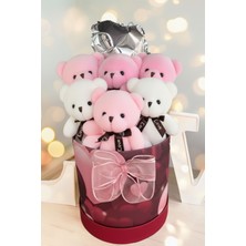 Sole Premium Silindir Kalpli Kırmızı Özel Kutusunda, Kalpli Balonlu 6’lı Pembe Ayıcık Buketi