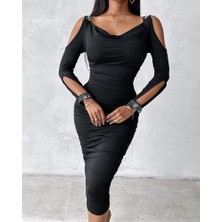 Cottonlab Kadın Omuzlardan Açık Uzun Kollu Taşlı Degaje Yakalı Sandy Midi Elbise