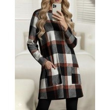 Giyimodam Kadın Uzun Kollu Yarı Balıkçı Yakalı Cep Detaylı Ekoseli Dokuma Tunik