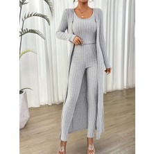 Arben Boutique Kadın Yuvarlak Yaka Askılı Krop Bluz Yüksek Bel Tayt ve Uzun Hırka Şardonlu Kaşkorse Üçlü Takım