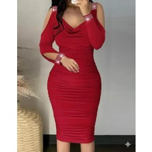 Arben Boutique Kadın Omuzlardan Açık Uzun Kollu Taşlı Degaje Yakalı Sandy Midi Elbise