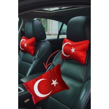 Tusba Market Türk Bayraklı Dijital Baskılı Kırmızı Saten Araç Seyahat Boyun Yastığı 2’li Set