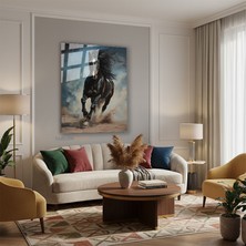 Tablonhazır Dikey Cam Tablo Salon Duvar Tablosu Dikey Cam Siyah Kosan At Yeni Ev Hediyesi Ofis Tablosu