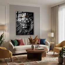 Tablonhazır Dikey Cam Tablo Salon Duvar Tablosu Dikey Cam Aslan Kral Siyah Beyaz Yeni Ev Hediyesi Ofis Tablosu