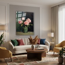 Tablonhazır Dikey Cam Tablo Salon Duvar Tablosu Dikey Cam Vazoda Pembe Guller Yeni Ev Hediyesi Ofis Tablosu