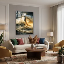 Tablonhazır Dikey Cam Tablo Salon Duvar Tablosu Dikey Cam Deniz Feneri Dalgali Yeni Ev Hediyesi Ofis Tablosu